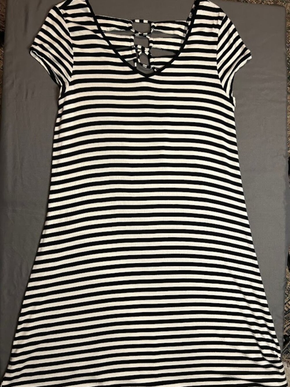 Cable & Gauge Black White Striped Lattice Cage Back Short Sleeve Dress Womens XL